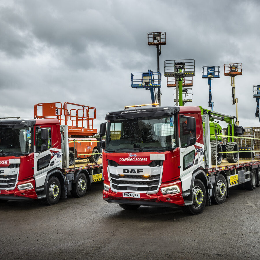 Speedy Hire Plymouth branch with two Sterling beavertail plant bodies mounted on DAF chassis