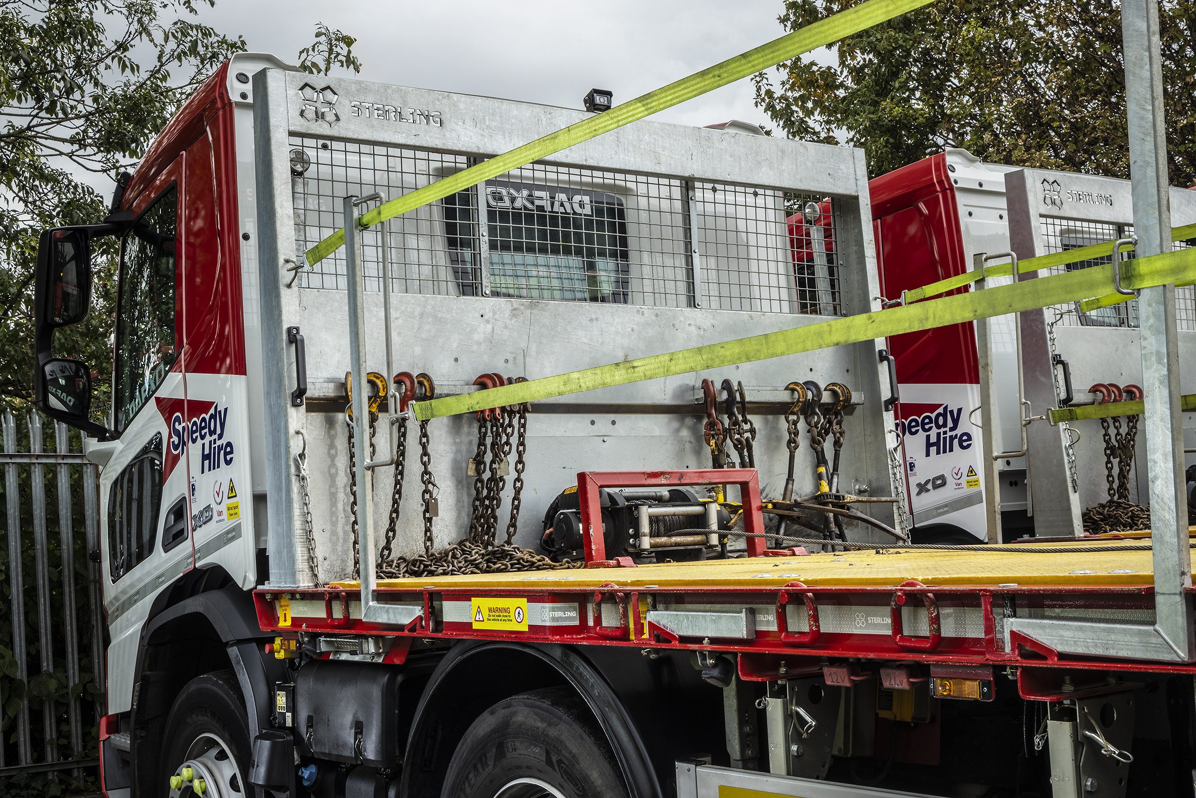 Two sterling build plant bodies for Speedy Hire - Plymouth branch, both mounted on DAF chassis.